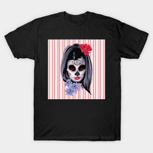 Red White and Black Striped Graphic & makeup mask,floral,flower skull T-Shirt